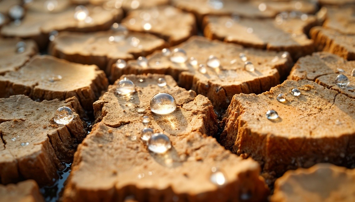 Zdjęcie przedstawia spękaną suchą ziemię. Na ziemi widoczne są pojedyncze krople wody.